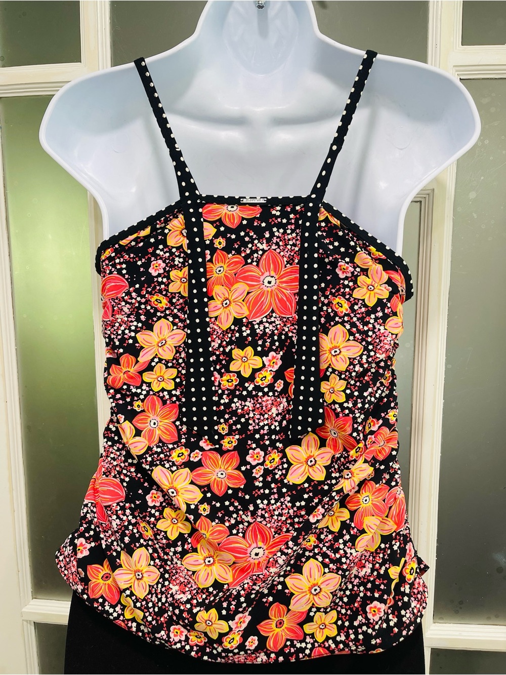 Black Floral V-Neck Swim Tankini with Orange & Yellow Flowers - Picture 2 of 3